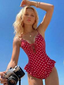 SHEIN MOD Women's Elegant Polka Dot Print Ruffle Tie One-Piece Swimsuit - Red - View 3
