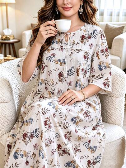 Al Najma Đầm maxi dáng xòe thêu hoa, tay lửng 5/8, kiểu dáng cổ điển thanh lịch dành cho nữ, cỡ lớn, phù hợp mặc hàng ngày.