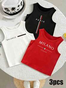 3pcs/Set Baju Tank Top Bayi Laki-laki Musim Panas Kasual Modis Minimalis Segar dengan Motif Huruf dan Slogan, Pakaian Sehari-hari - MultiWarna - View 3