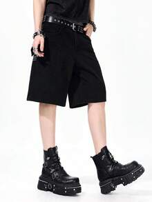 ROMWE MEN Men's Denim Embroidered Shorts, Suitable For Spring And Summer Everyday Wear - Black - View 7