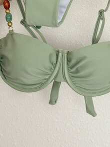 Swim Chiccia 2026 New Women's Summer Beach Vacation Elegant Beaded Decor Pleated Underwire  Sage Green Backless Bikini Swimsuit Set - Green - View 7
