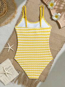 SHEIN TEEN Girl Striped Pattern Vacation Style One-Piece Swimsuit - Yellow - View 2