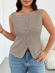 Shapeblank Plus Size Women's Spring/Summer Fashion Casual Loose Elastic Comfortable Daily All-Match Versatile Slimming White Striped Vest Top Outing Top - Brown - View 4