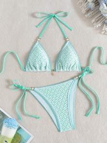 Vaytide Bolso triangular de estilo sexy para mujer con tela calada, unicolor, adorno de flor de concha y perlas - verde menta - Ver 2
