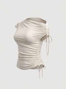 SHEIN MOD Plus Size White Lace-Up Design Top, Simple Versatile, Asymmetric Design, Commute Daily Wear, Minimalist Business Casual, All-Season Style, Vacation - Khaki - View 5