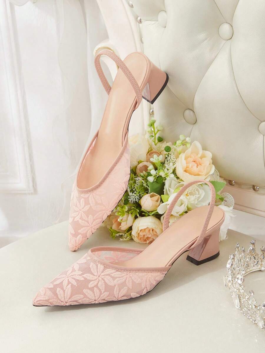 CUCCOO HITCHD Stylish And Elegant Commuter Embroidered Mesh Pointed Pumps - Light pink. - View 1