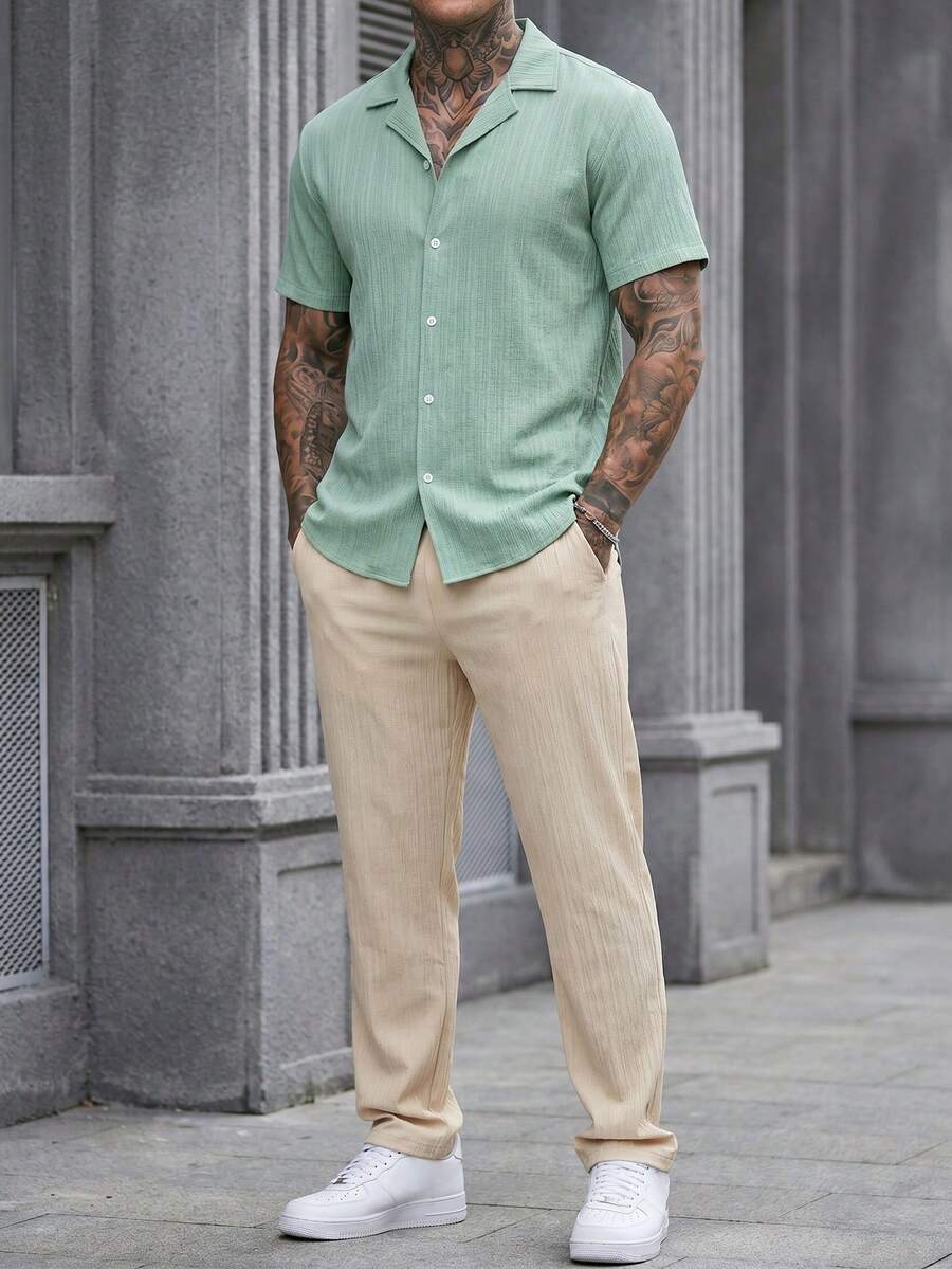 Manfinity CasualCool Men's Solid Color Simple Short Sleeve Shirt And Shorts Set For Daily Wear Mint Green Men Outfit Two Pieces Summer Stripe Button Up Set... - Multicolor - View 1