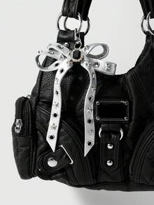 ROMWE Goth 1 Y2k Retro Punk Silver Leather Rivet Bow Star Imitation Crystal Beaded Chain DIY Bag Pendant Keychain, Daily Wear By Girls And Ladies - Silver - View 12
