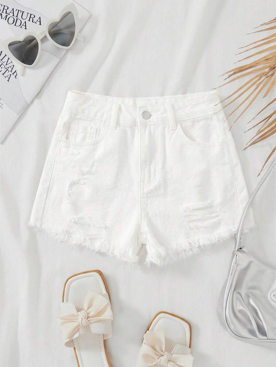 SHEIN Calções de ganga rasgados de cintura alta com bainha desfiada e bolsos desgastados, estilo boho casual, lavados, cor lisa, para rapariga pré-adolescente, calções largos para verão, praia, férias, concertos, festivais, rave, brunch e formatura - Branco - Ver 1
