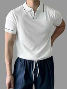 DAZY Men's Summer Half-Zip Solid Color White/Black Decorative Trim Knit Top - White - View 4