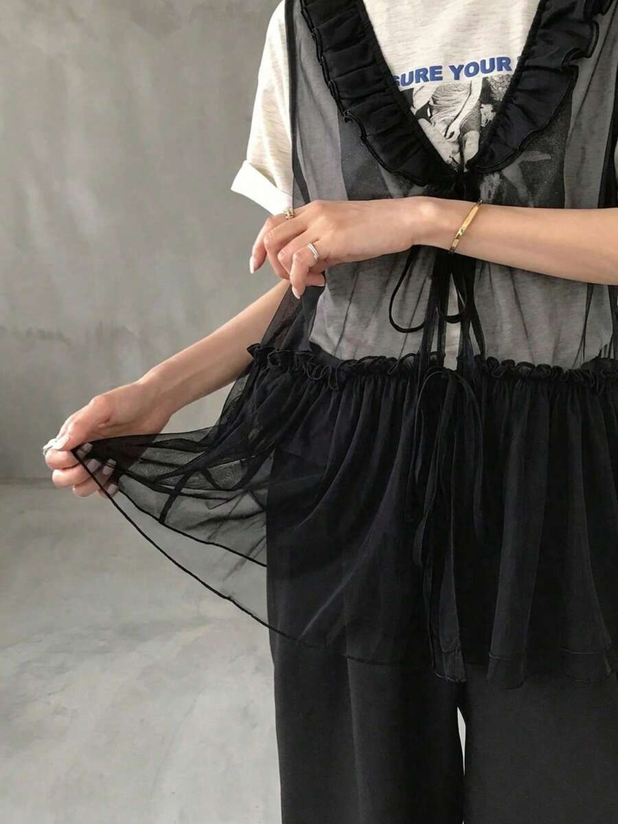FRIFUL 女款純色荷葉邊前綁帶寬鬆背心上衣 夏季 - 黑色 - 查看 1