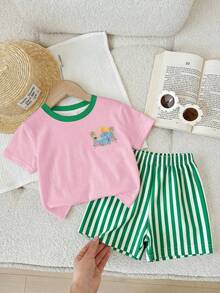 SHEIN Baby Girl Casual Simple Round Neck Loose Short Sleeve T-Shirt And Tight Biker Shorts Set, Suitable For Spring And Summer - Multicolor - View 5