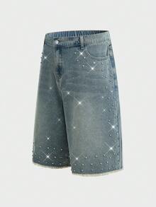 EASEVO Plus Size Men's Rhinestone Decor Casual Shorts, Vacation, Father's Day Gifts - Medium Wash - View 1