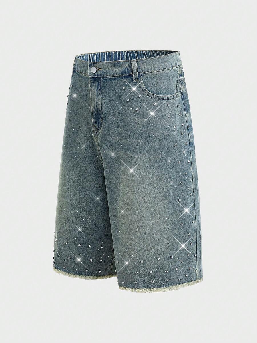 EASEVO Plus Size Men's Rhinestone Decor Casual Shorts, Vacation, Father's Day Gifts - Medium Wash - View 1