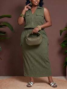 Veslaya Plus Size Women's Solid Color Zipper Top And Skirt Casual Daily Set - Army Green - View 5