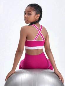 SHEIN Tween Girl Letter Floral Print Striped Colorblock Cropped Sports Tank Top - Pink - View 2