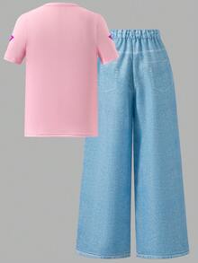 Genkimix Kids Tween Girl 2pcs/Set Short Sleeve Round Neck Tween Girl T-Shirt Set, Tween Girl Set! Pink T-Shirt Paired With Blue Pants, The Color Combination Is - Pink - View 2