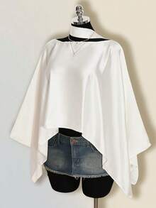 SHEIN ICON 夏季女款婚禮賓客緞面純色休閒百搭日常外出上衣 - 米色 - 查看 3