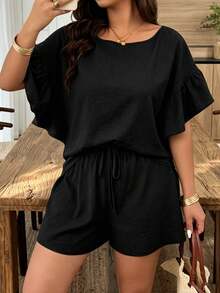 Weeklong Conjunto casual de mujer talla grande para primavera/verano con cuello redondo, mangas con volantes y shorts cortos - Negro - Ver 5