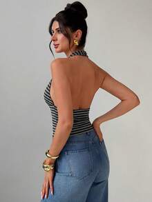 Firerie Women's Striped Fashion Sexy Halter Neck T-Shirt For Concert And Date - Dark Grey - View 2