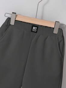 SHEIN Tween Boy Casual Comfortable Patchwork Solid Color Knee Length Slant Pocket Shorts - Dark Grey - View 3