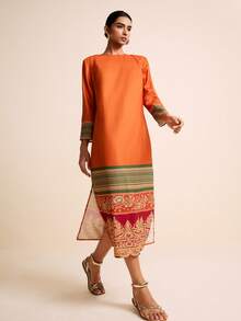 LOTSLUV Vestido ajustado de manga larga con estampado naranja para mujer, primavera/verano, vacaciones - Multicolor - Ver 4