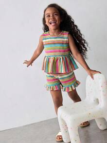 Maija Kids Maija Kids Young Girl Patchwork Striped Tank Top And Shorts 2pcs Set - Multicolor - View 3