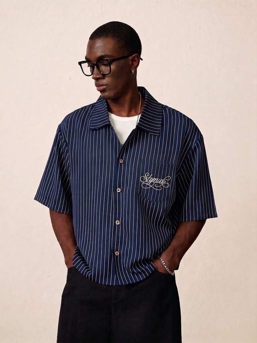 STYNVO Men's Summer Casual Striped Letter Embroidered Shirt - Blue - View 1