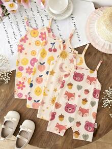 [RANDOM 4 PCS SEND 1 Pc]Baby Girls Beige Summer Casual Cute Family Matching Khaki Mallard Brown Leopard Bow Cartoon Rabbit Suspender Romper Outfits - Multicolor - View 4