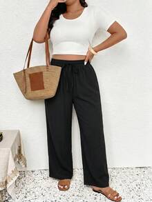 SHEIN Frenchy Pantalones rectos básicos de gasa texturizada de talla grande - Multicolor - Ver 5