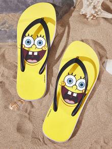 SpongeBob SquarePants | SHEIN 黃色卡通夾腳拖鞋，EVA輕量材質，腳趾保護，透氣快乾，柔軟舒適，適合室內、淋浴或海灘使用，夏季服飾，春季服飾，海灘，度假 - 黃色 - 查看 2