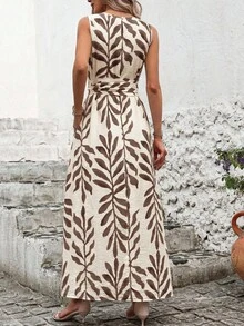 SHEIN Clasi 女士树叶印花休闲派对旅行连衣裙 - 深棕色 - 查看 2