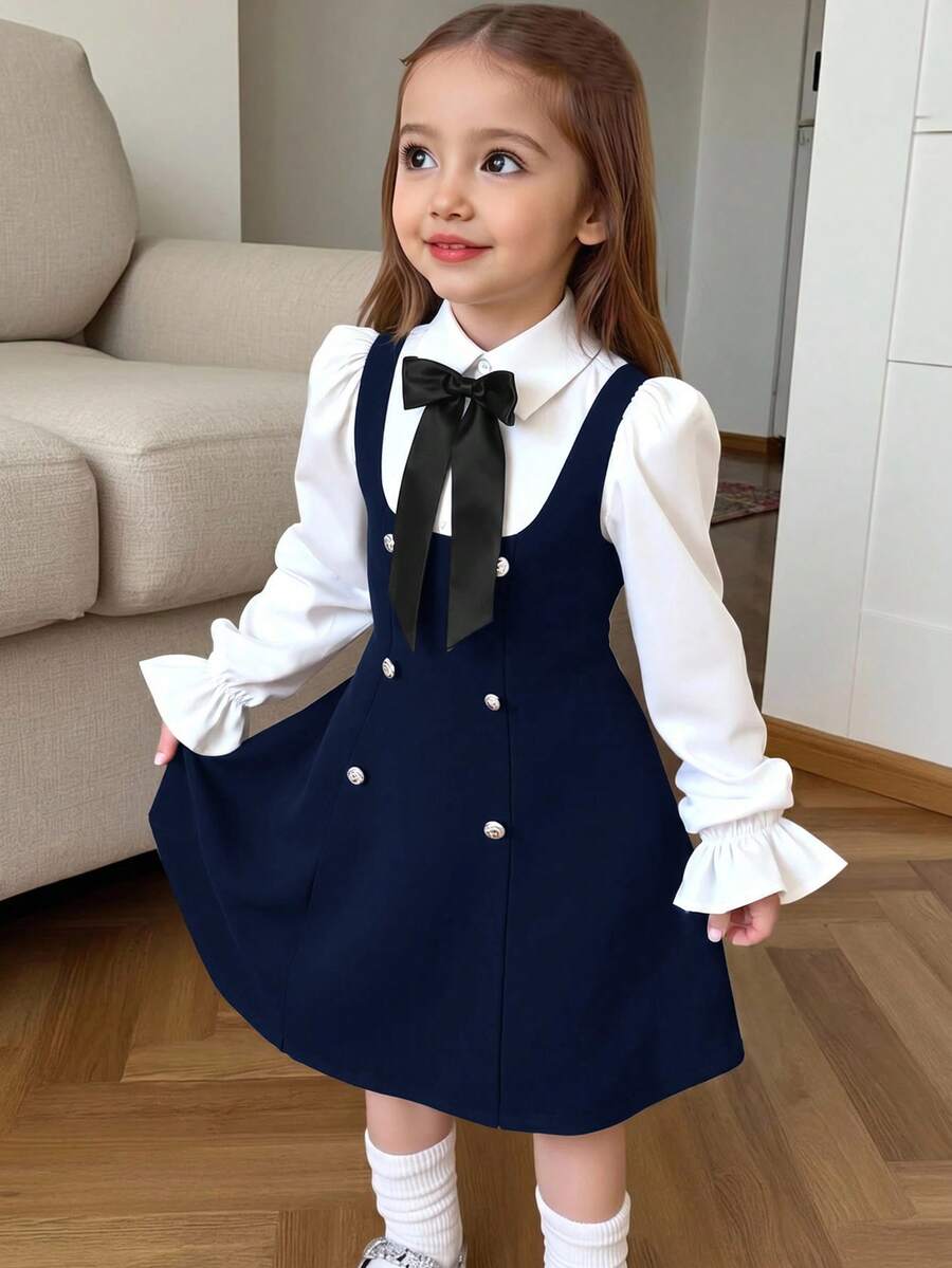 少女休閒簡約舒適翻領泡泡袖拼接撞色洋裝 秋冬穿搭 - 藍色 - 查看 1