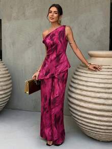 Flora Isola Flora Isola 女款春夏度假日常紮染不對稱領結上衣與長褲套裝 - 玫紅色 - 查看 4
