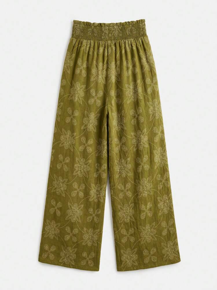 Khaki Green Floral High Waist Wide-Leg Fluid Pants Summer Holiday Casual Resort Pants