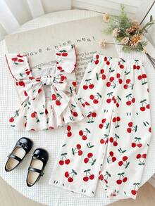 LMoss Kids Red Flutter Sleeve Tank Top Set, Suitable For Toddlers In Spring, Summer And Autumn, Large Bow Design On The Back Of The Top Cherry Print Holiday Vibe - Red and White - View 7