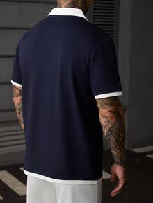 Manfinity Mode 男士夏季短袖對比飾邊 Polo 衫，正式款 - 藏蓝色 - 查看 2