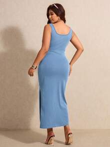 Elaquor Plus Size Women's Square Neck Sleeveless Side Slit Denim Dress - Light Wash - View 5