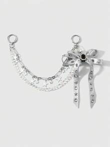 ROMWE Goth 1 Y2k Retro Punk Silver Leather Rivet Bow Star Imitation Crystal Beaded Chain DIY Bag Pendant Keychain, Daily Wear By Girls And Ladies - Silver - View 7