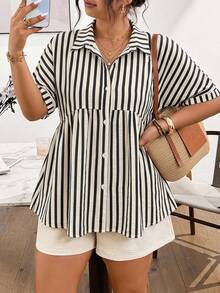 Lounesse Plus Size Women Striped Single-Breasted Casual Versatile Commuting Shirt - Black and White - View 1