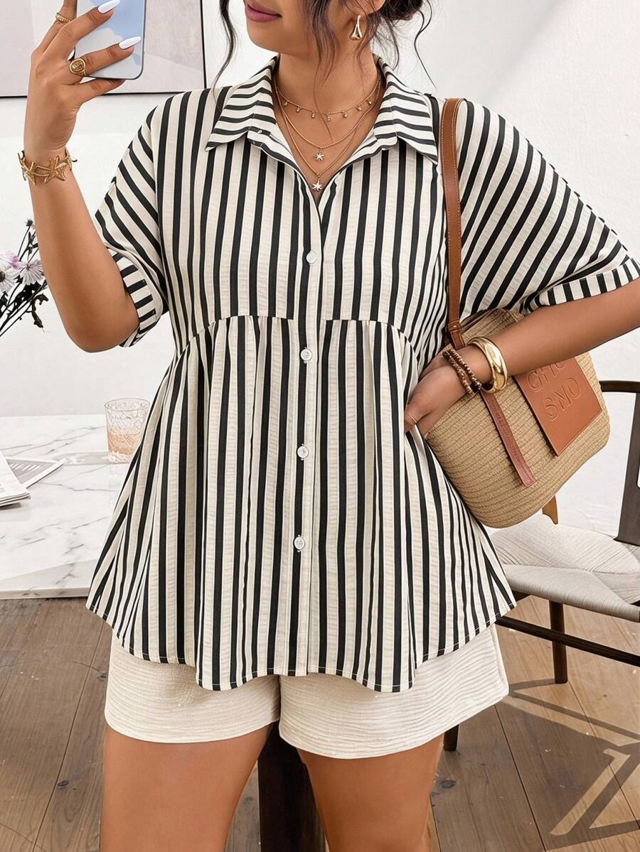 Lounesse Plus Size Women Striped Single-Breasted Casual Versatile Commuting Shirt - Black and White - View 1