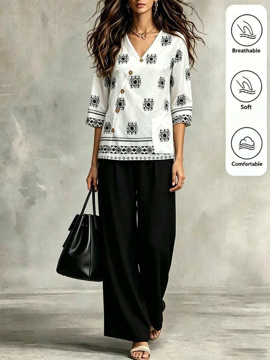 EMERY ROSE Standard Size Women's Retro Pattern Placement Print V-Neck Coconut Button Pocket 3/4 Sleeve Top + Straight Leg Pants 2 Pieces Set Black And White Black - Black and White - View 1