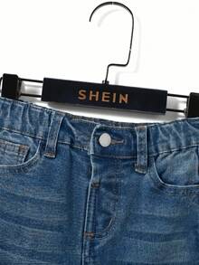 SHEIN 兒童小男孩 1件裝 黑色舒適清爽深色水洗設計彈性牛仔修身街頭風長褲，適合日常穿著與返校服裝 - 淺色水洗藍 - 查看 4