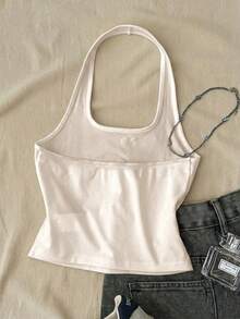 Weißes langes lässiges Neckholder-Top für Tween-Mädchen, geeignet für den Sommer, figurbetontes Tanktop - Weiss - Übersicht 2