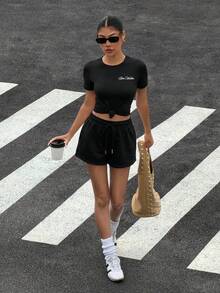 Muchica Black Letter Print Knit Short Sleeve T-Shirt And Shorts Casual Set For Women - Black - View 5
