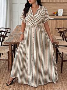 Weeklong Plus Size Women's Spring/Summer Colorful Retro Striped Print Long Sleeve Twist Knot Shirt Collar A-Line Casual Vacation Maxi Dress - Multicolor - View 3