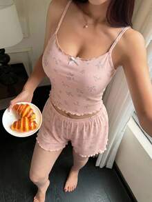 DAZY 甜美碎花無袖背心上衣 & 修身短版長褲 2件組，女款春夏季睡衣套裝 - 粉色 - 查看 1