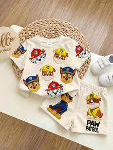 SHEIN | PAW Patrol 男嬰經典可愛卡通小狗印花圓領短袖T恤與短褲2件套，適合夏季 - 彩色 - 查看 1