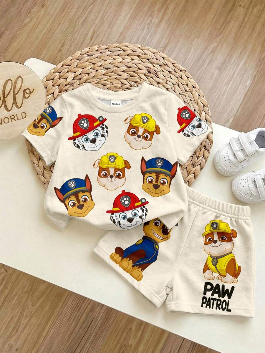 SHEIN | PAW Patrol 男嬰經典可愛卡通小狗印花圓領短袖T恤與短褲2件套,適合夏季 - 彩色 - 查看 1