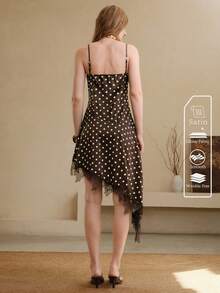 SHEIN Women's Brown And White Polka Dot Lace Patchwork Spaghetti Strap Slip Dress, Elegant French Asymmetrical Hem Summer Party Vacation Brunch Night Out - Chocolate Brown - View 2